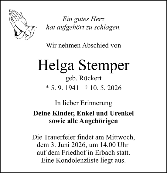 Traueranzeige von Helga Stemper von Odenwälder Echo