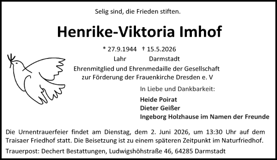 Traueranzeige von Henrike-Viktoria Imhof von Darmstädter Echo