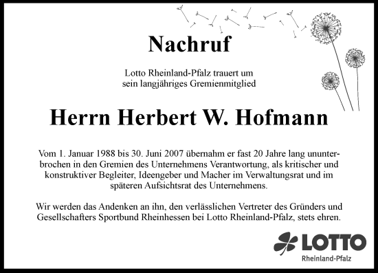 Traueranzeige von Herbert W. Hofmann von Wormser Zeitung