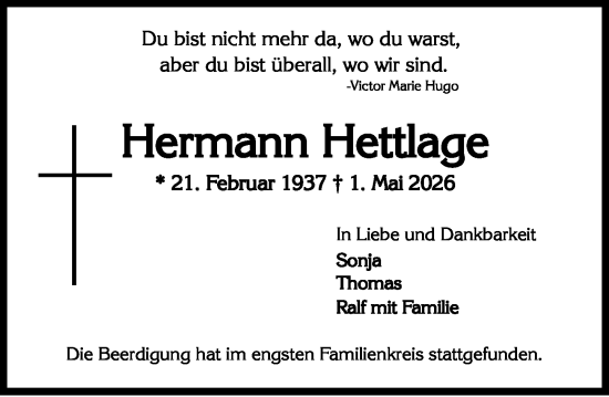Traueranzeige von Hermann Hettlage von Wiesbadener Kurier