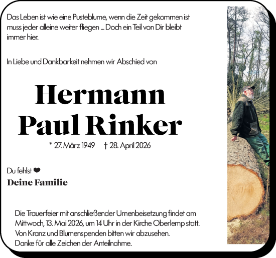 Traueranzeige von Hermann Paul Rinker von Wetzlarer Neue Zeitung
