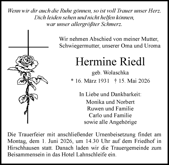 Traueranzeige von Hermine Riedl von Weilburger Tageblatt
