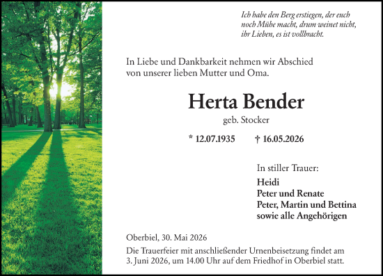 Traueranzeige von Herta Bender von Wetzlarer Neue Zeitung