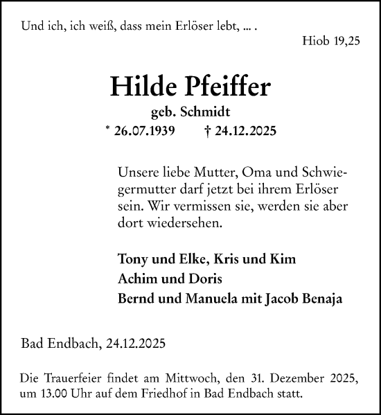 Traueranzeige von Hilde Pfeiffer von Hinterländer Anzeiger