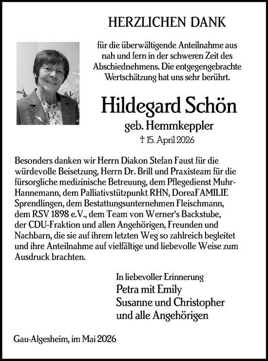 Traueranzeige von Hildegard Schön von Allgemeine Zeitung Rheinhessen-Nahe