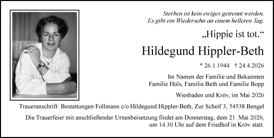 Traueranzeige von Hildegund Hippler-Beth von Wiesbadener Kurier