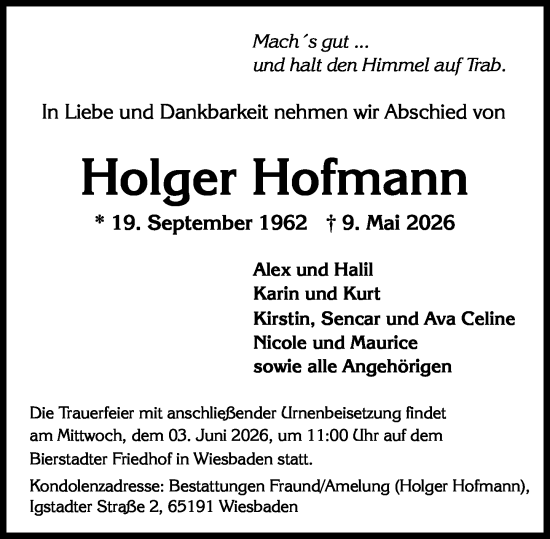 Traueranzeige von Holger Hofmann von Wiesbadener Kurier