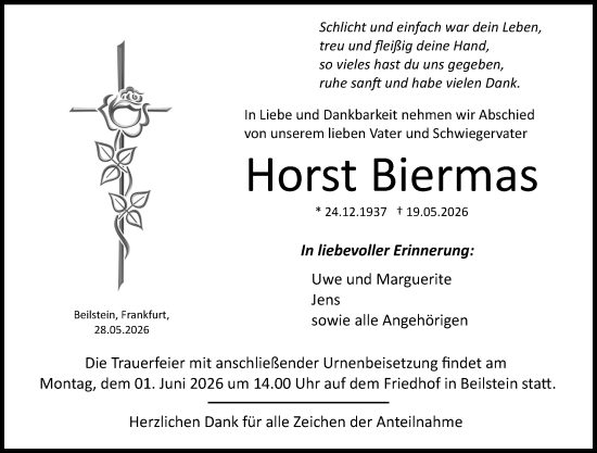 Traueranzeige von Horst Biermas von Dill Block