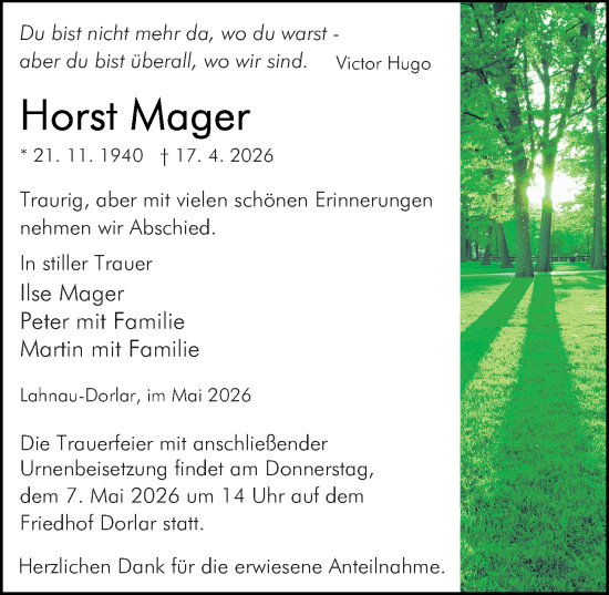 Traueranzeige von Horst Mager von Wetzlarer Neue Zeitung