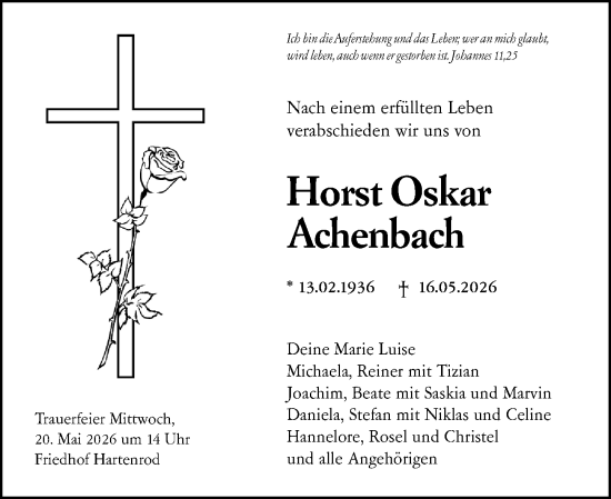 Traueranzeige von Horst Oskar Achenbach von Hinterländer Anzeiger
