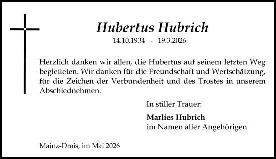 Traueranzeige von Hubertus Hubrich von Allgemeine Zeitung Mainz