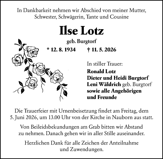 Traueranzeige von Ilse Lotz von Wetzlarer Neue Zeitung
