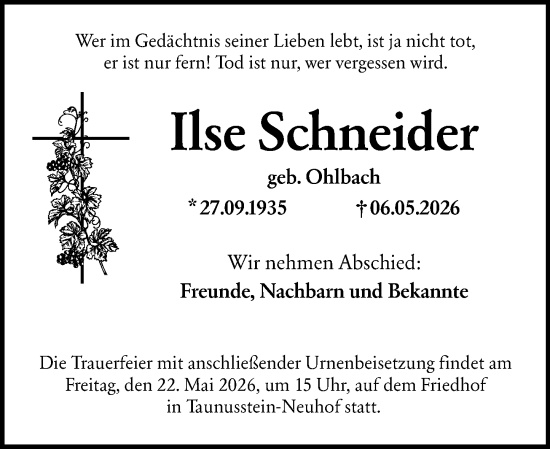 Traueranzeige von Ilse Schneider von Idsteiner Land/Untertaunus
