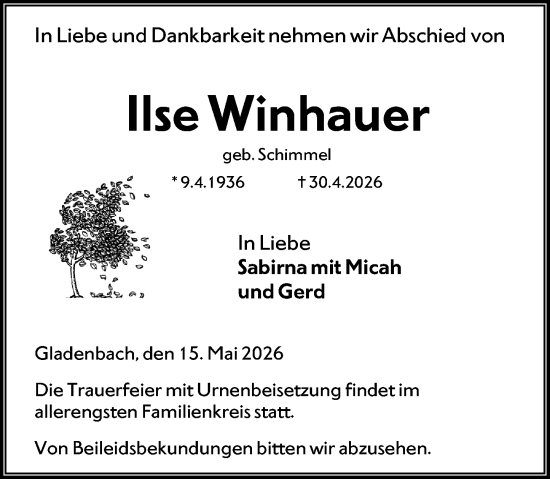 Traueranzeige von Ilse Winhauer von Hinterländer Anzeiger