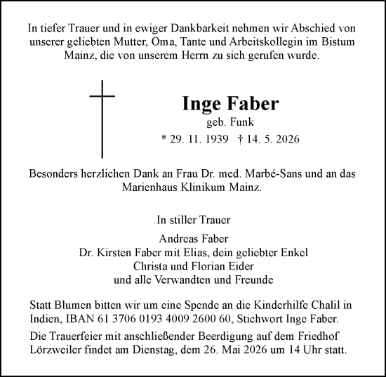 Traueranzeige von Inge Faber von Allgemeine Zeitung Mainz