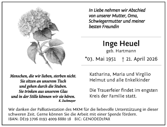 Traueranzeige von Inge Heuel von Allgemeine Zeitung Mainz