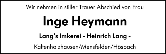 Traueranzeige von Inge Heymann von Nassauische Neue Presse