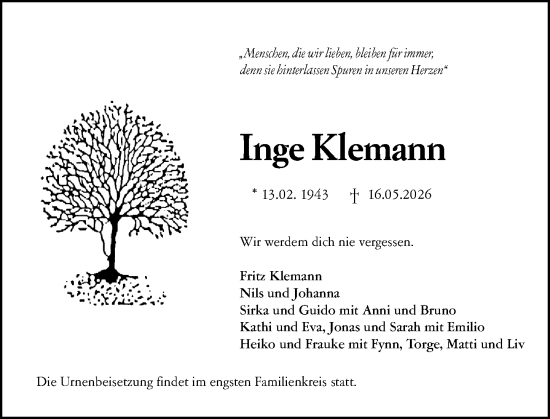 Traueranzeige von Inge Klemann von Darmstädter Echo