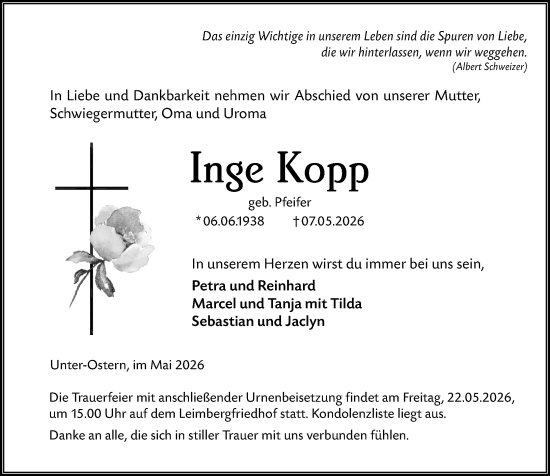 Traueranzeige von Inge Kopp von Odenwälder Echo