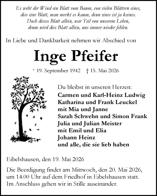 Traueranzeige von Inge Pfeifer von Dill Block