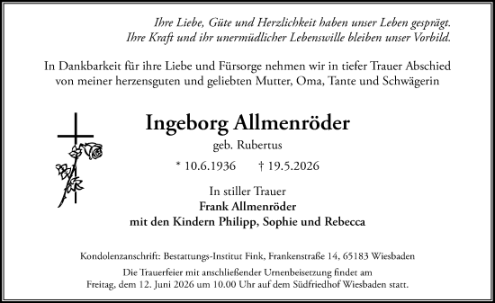 Traueranzeige von Ingeborg Allmenröder von Wiesbadener Kurier