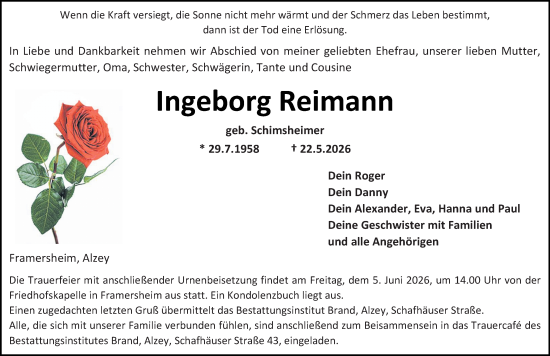 Traueranzeige von Ingeborg Reimann von Allgemeine Zeitung Alzey