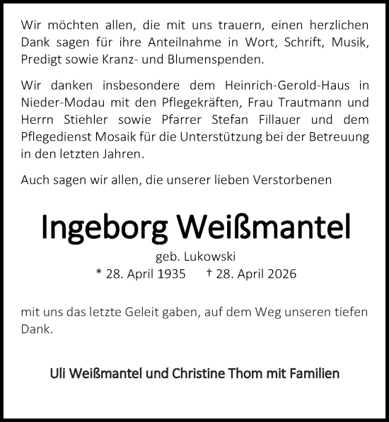 Traueranzeige von Ingeborg Weißmantel von Darmstädter Echo