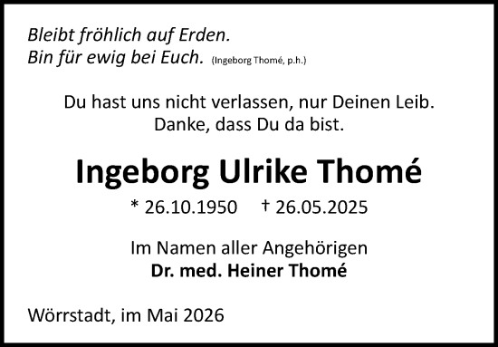 Traueranzeige von Ingeborg Ulrike Thomé von Allgemeine Zeitung Alzey