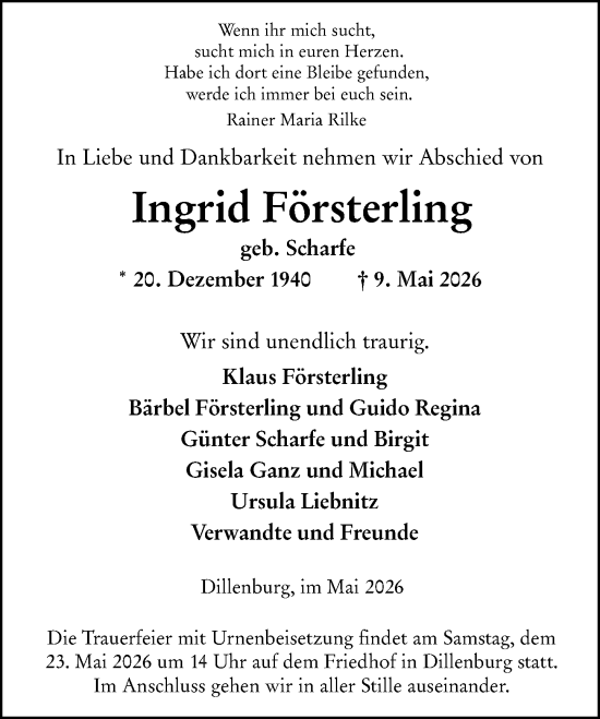 Traueranzeige von Ingrid Försterling von Dill Block
