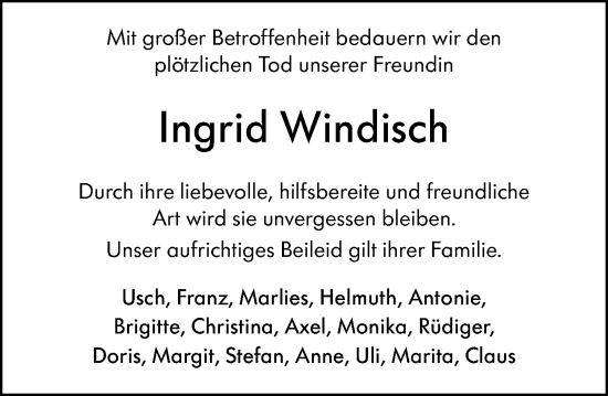 Traueranzeige von Ingrid Windisch von Allgemeine Zeitung Mainz
