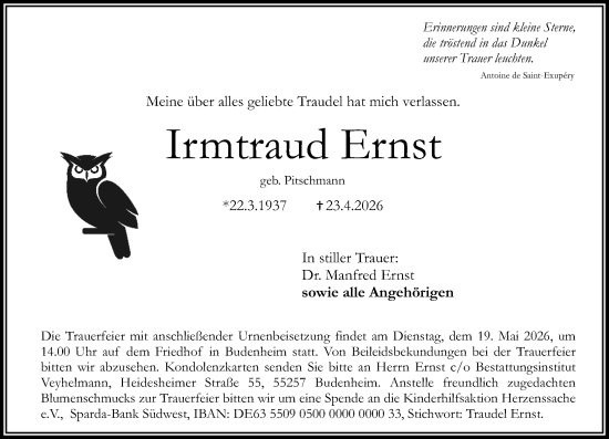 Traueranzeige von Irmtraud Ernst von Allgemeine Zeitung Mainz