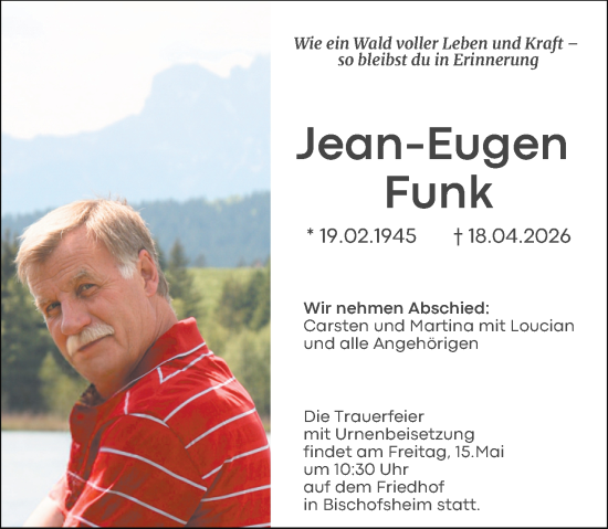 Traueranzeige von Jean-Eugen Funk von Rüsselsheimer Echo