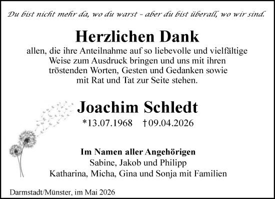 Traueranzeige von Joachim Schledt von Darmstädter Echo