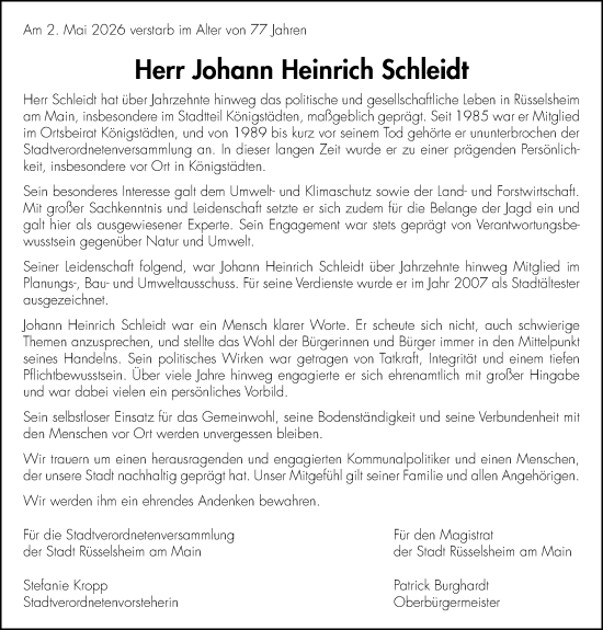 Traueranzeige von Johann Heinrich Schleidt von Rüsselsheimer Echo