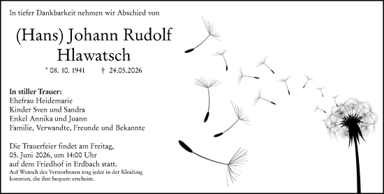 Traueranzeige von Johann Rudolf Hlawatsch von Dill Block
