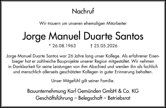 Traueranzeige von Jorge Manuel Duarte Santos von Allgemeine Zeitung Rheinhessen-Nahe