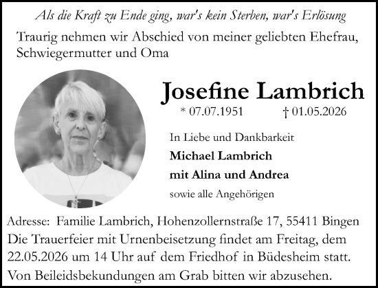 Traueranzeige von Josefine Lambrich von Binger-/Ingelheimer Wochenblatt