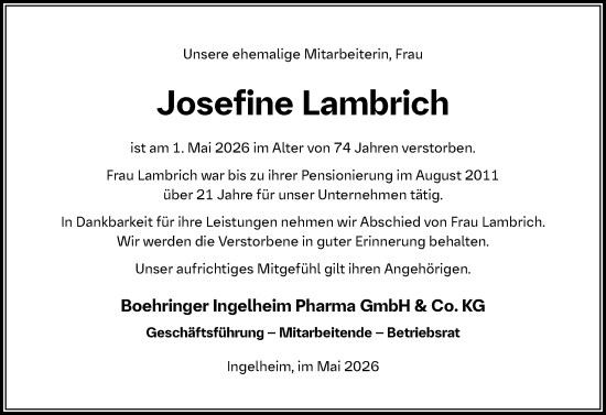 Traueranzeige von Josefine Lambrich von Allgemeine Zeitung Rheinhessen-Nahe