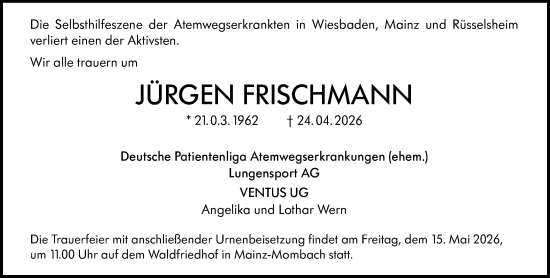 Traueranzeige von Jürgen Frischmann von Wiesbadener Kurier