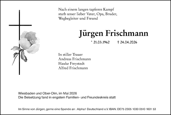 Traueranzeige von Jürgen Frischmann von Allgemeine Zeitung Mainz