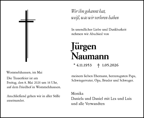 Traueranzeige von Jürgen Naumann von Hinterländer Anzeiger