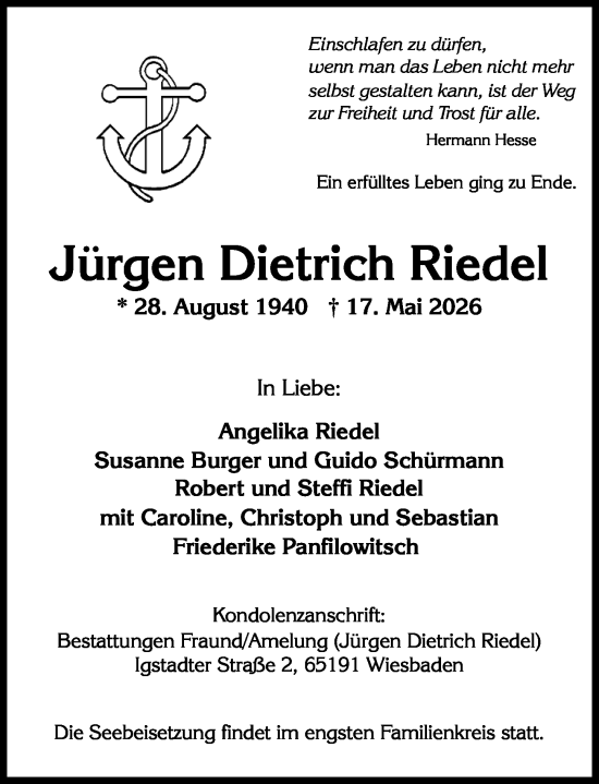 Traueranzeige von Jürgen Dietrich Riedel von Wiesbadener Kurier
