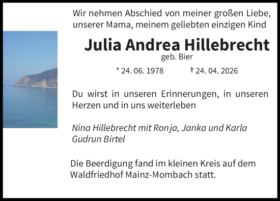 Traueranzeige von Julia Andrea Hillebrecht von Allgemeine Zeitung Mainz