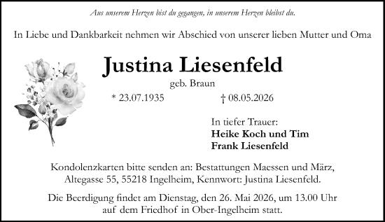 Traueranzeige von Justina Liesenfeld von Allgemeine Zeitung Rheinhessen-Nahe