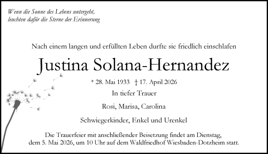 Traueranzeige von Justina Solana-Hernandez von Wiesbadener Kurier