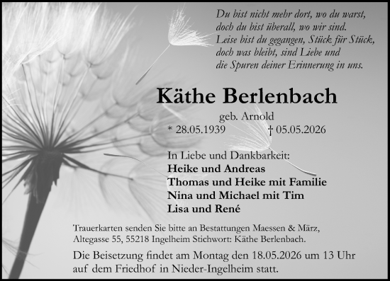 Traueranzeige von Käthe Berlenbach von Allgemeine Zeitung Rheinhessen-Nahe