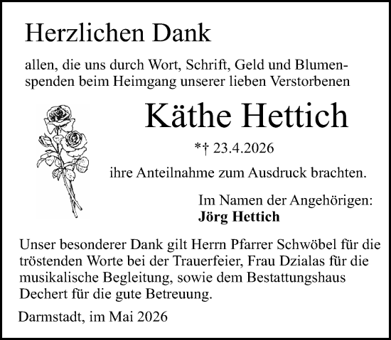 Traueranzeige von Käthe Hettich von Darmstädter Echo