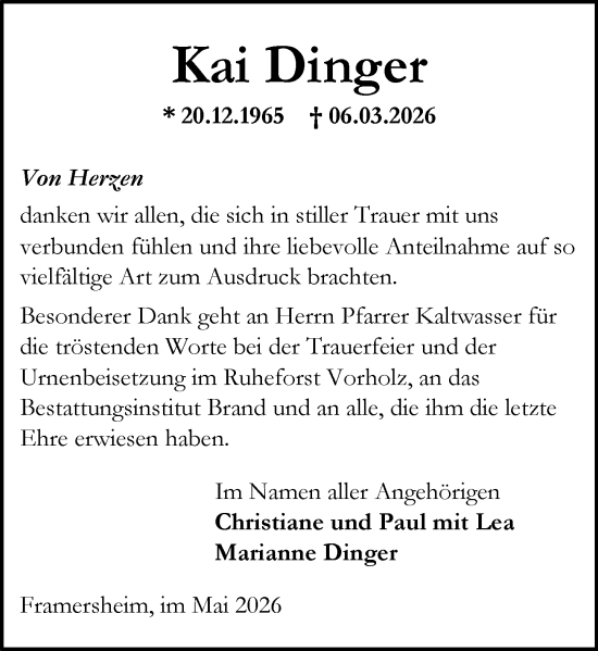 Traueranzeige von Kai Dinger von Allgemeine Zeitung Alzey