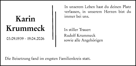 Traueranzeige von Karin Krummeck von Allgemeine Zeitung Mainz