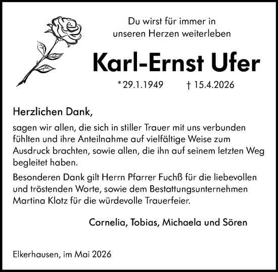 Traueranzeige von Karl-Ernst Ufer von Weilburger Tageblatt